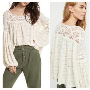 Free People Women's S Someday Cream Crochet Sweater Eyelet Bell Sleeve Linen
